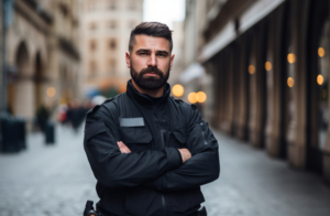 a security guard with his arms crossed on the sidewalk